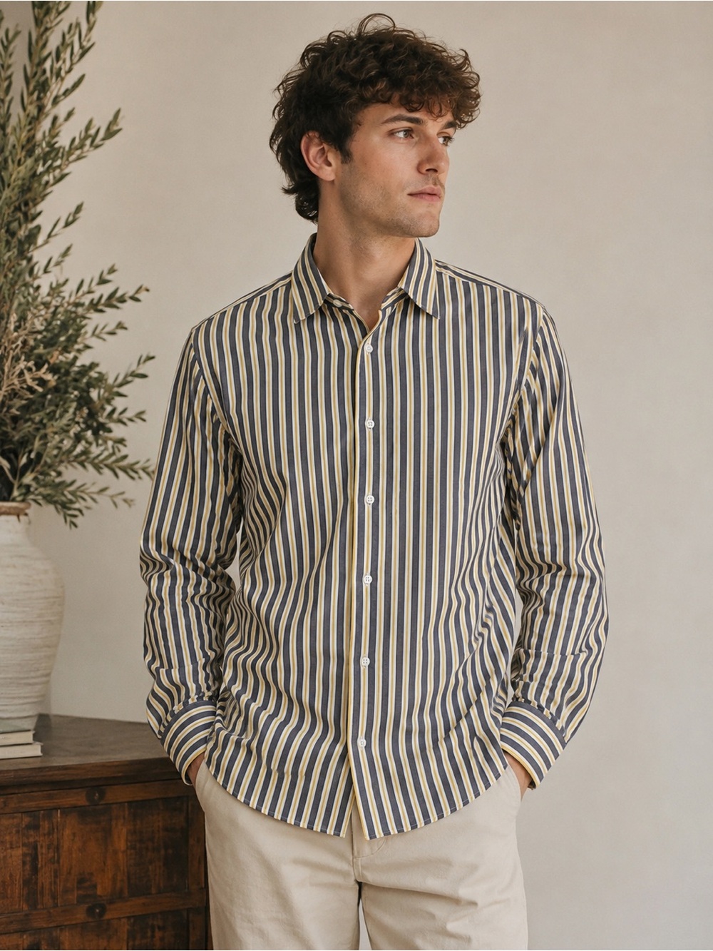 Neiman Marcus Men’s Medium Striped Cotton Button Down Shirt Navy Yellow White